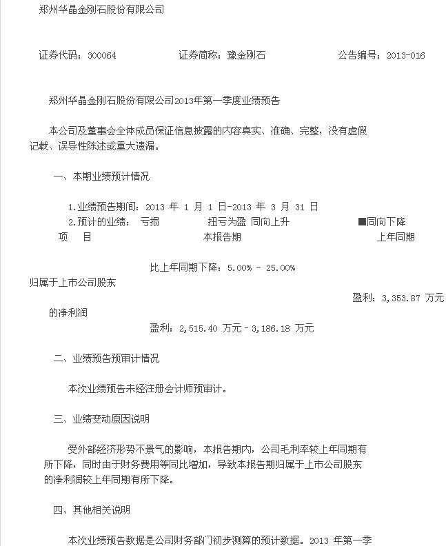 豫金剛石：2013年第一季度業(yè)績預(yù)告
