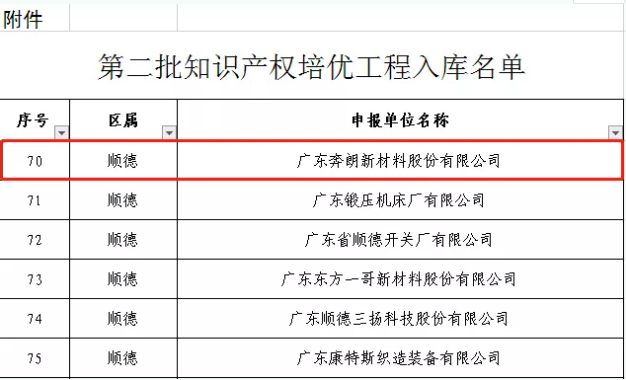 奔朗公司入選佛山市第二批知識產(chǎn)權培優(yōu)工程名錄