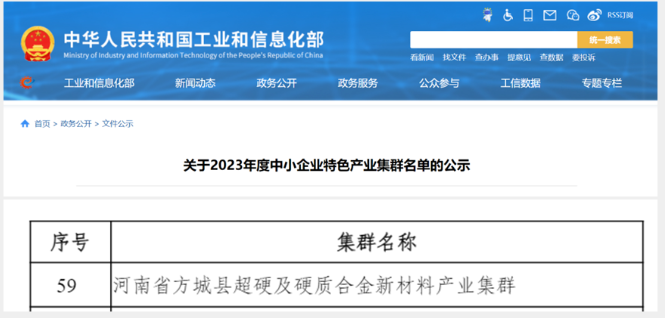 河南省方城縣超硬及硬質(zhì)合金新材料產(chǎn)業(yè)集群入選2023年度中小企業(yè)特色產(chǎn)業(yè)集群